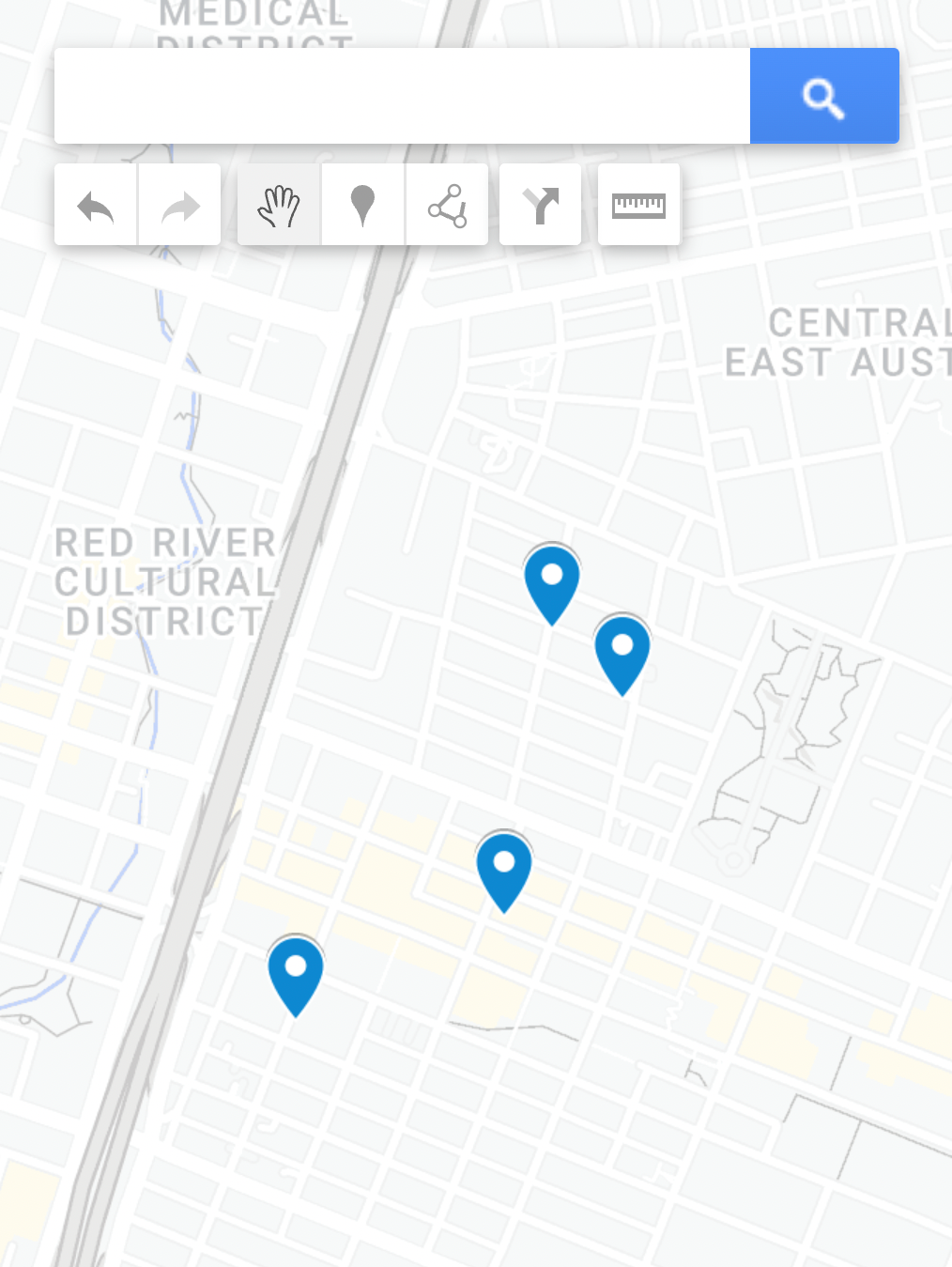 Map Tools showing saved places pinned across a map of Austin